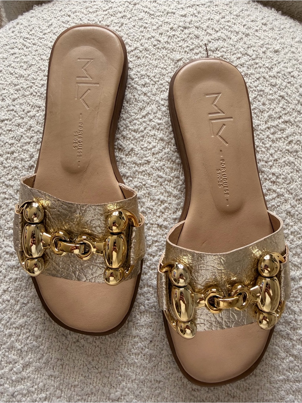 Metallic Gold Portuguese Leather Slide Sandals with Detail